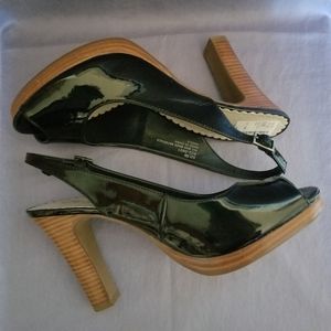 Miss Bisou "Captiva" Black Faux Patent Open-Toe Heels - Size 8.5